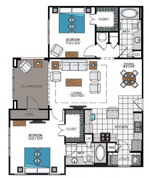 Floor plan for 2 beds, 2 baths, 1261 sqft